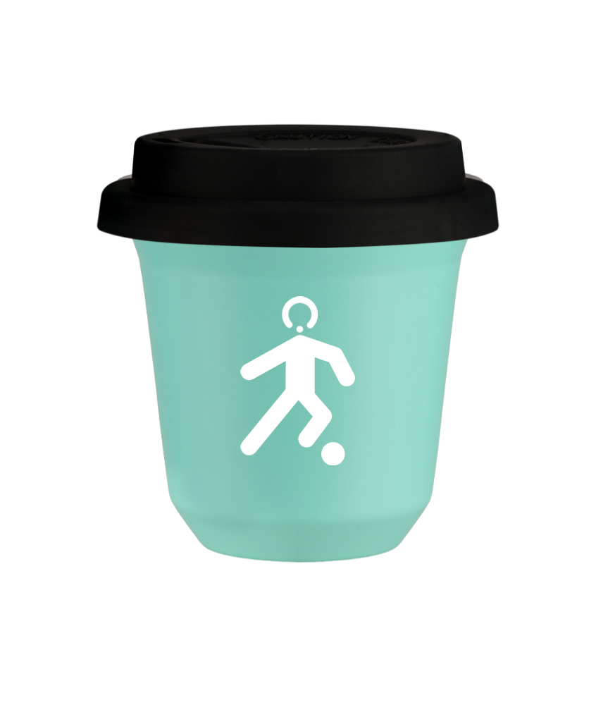 Tasse 150 ml TURQUOISE "Football (blanc)", avec couvercle noir Tasse 150 ml TURQUOISE "Football (blanc)", avec couvercle noir