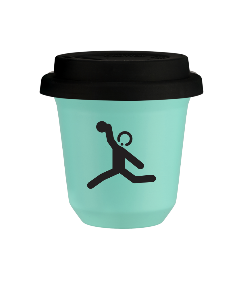 Tasse 150 ml TURQUOISE "Lancer du disque (noir)", avec couvercle noir Tasse 150 ml TURQUOISE "Lancer du disque (noir)", avec couvercle noir