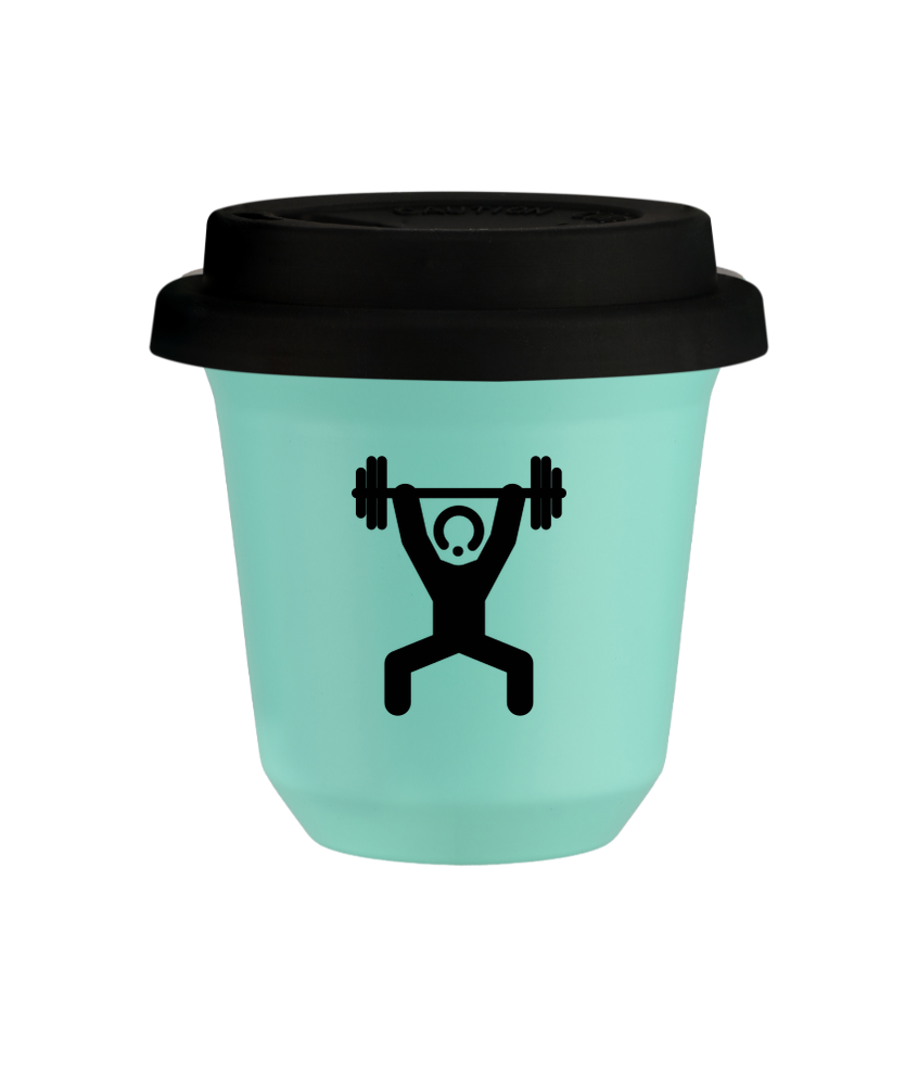 Tasse 150 ml TURQUOISE "Homme fort 1", avec couvercle noir Tasse 150 ml TURQUOISE "Homme fort 1", avec couvercle noir
