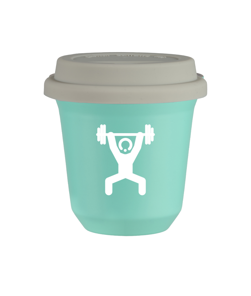Tasse 150 ml TURQUOISE "Homme fort 1 (blanc)", avec couvercle blanc