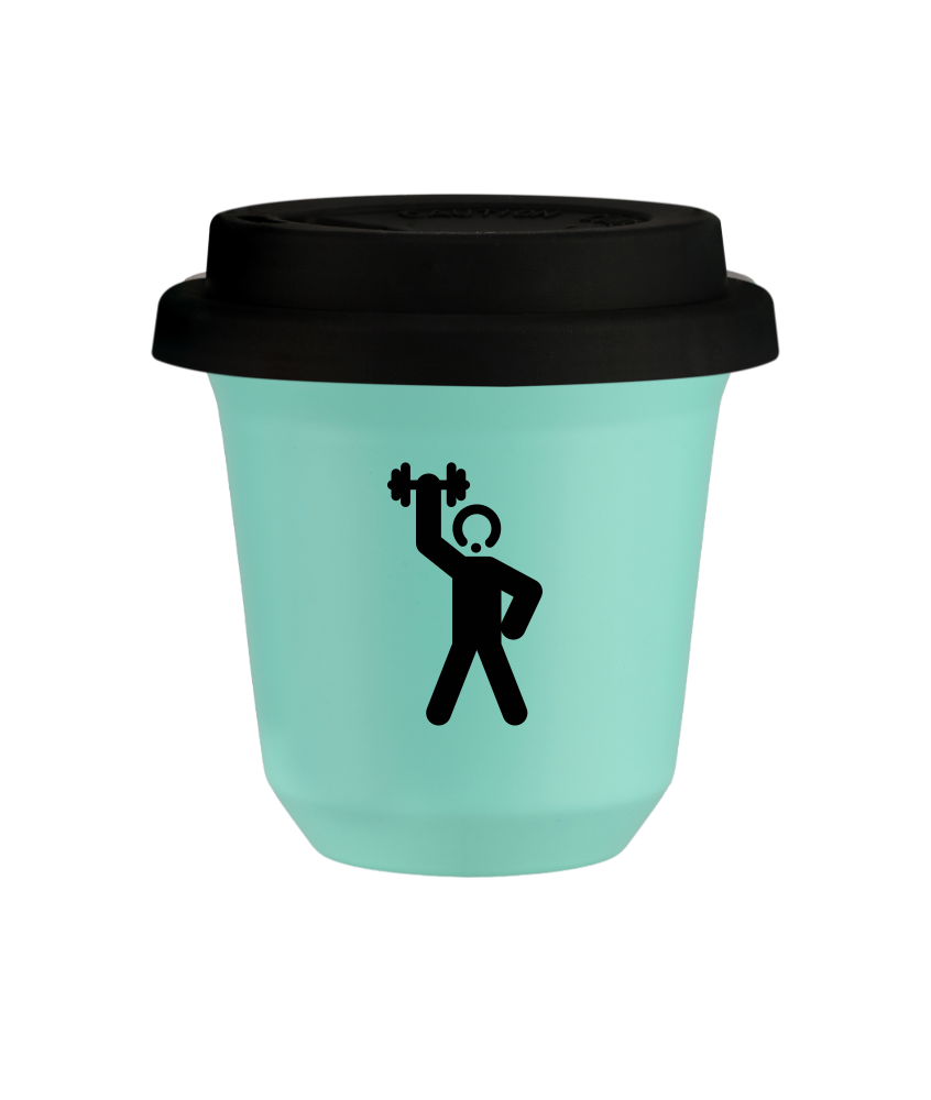Tasse 150 ml TURQUOISE "Homme fort 2", avec couvercle noir Tasse 150 ml TURQUOISE "Homme fort 2", avec couvercle noir