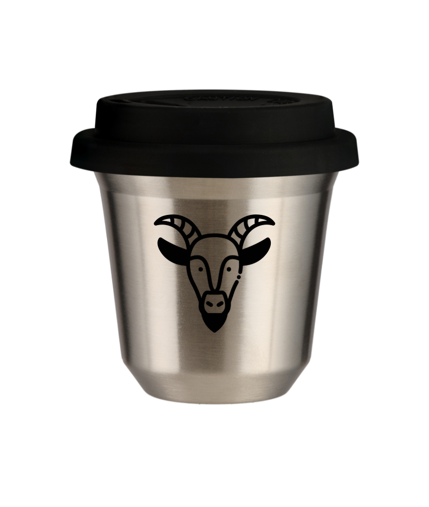 Tasse 150 ml ARGENT "Capricorne", avec couvercle noir Tasse 150 ml ARGENT "Capricorne", avec couvercle noir