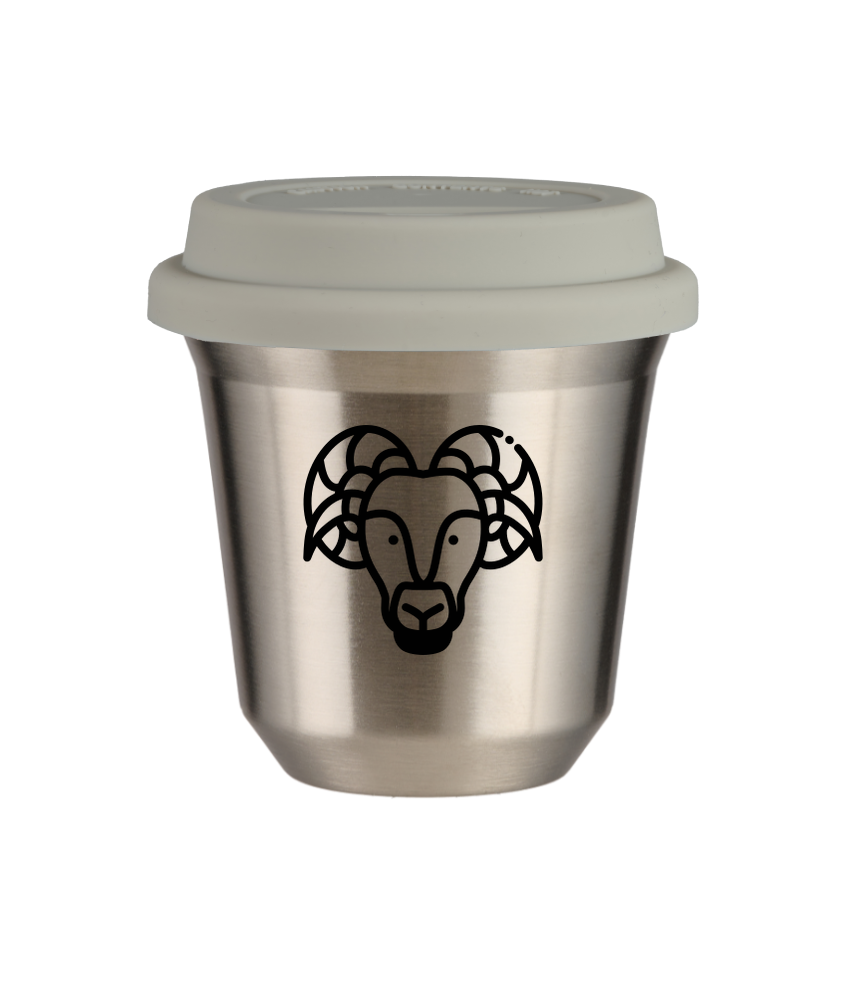 Tasse 150 ml ARGENT "Bélier (noir)", avec couvercle blanc
