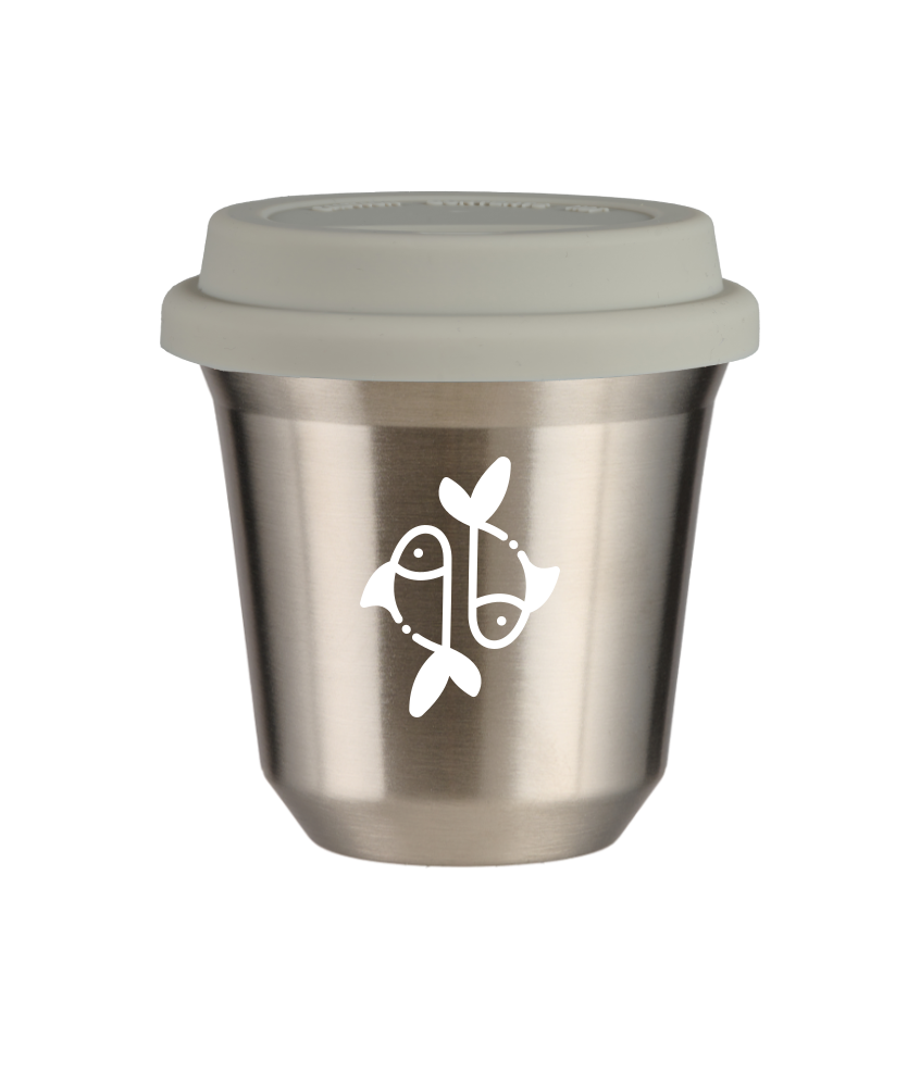 Tasse 150 ml ARGENT "Poissons (blanc)", avec couvercle blanc Tasse 150 ml ARGENT "Poissons (blanc)", avec couvercle blanc