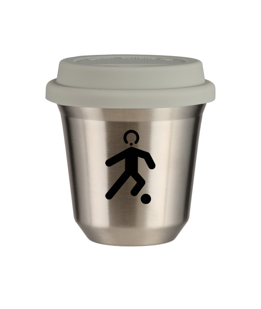 Tasse 150 ml ARGENT "Football (noir)", avec couvercle blanc Tasse 150 ml ARGENT "Football (noir)", avec couvercle blanc