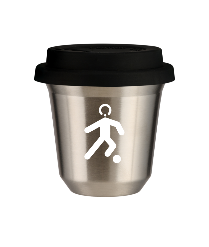Tasse 150 ml ARGENT "Football (blanc)", avec couvercle noir Tasse 150 ml ARGENT "Football (blanc)", avec couvercle noir