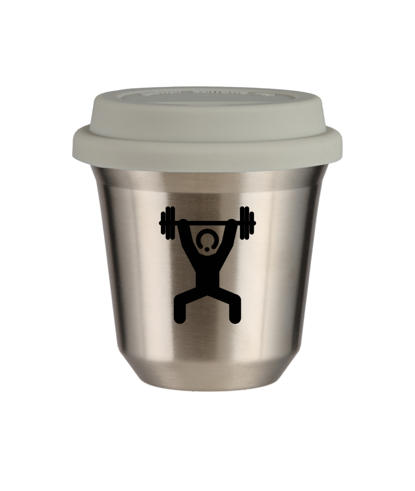 Tasse 150 ml ARGENT "Homme fort 1 (noir)", avec couvercle blanc Tasse 150 ml ARGENT "Homme fort 1 (noir)", avec couvercle blanc