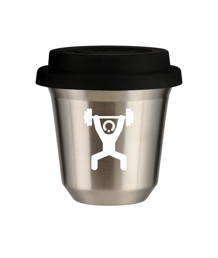 Tasse 150 ml ARGENT "Homme fort 1 (blanc)", avec couvercle noir Tasse 150 ml ARGENT "Homme fort 1 (blanc)", avec couvercle noir