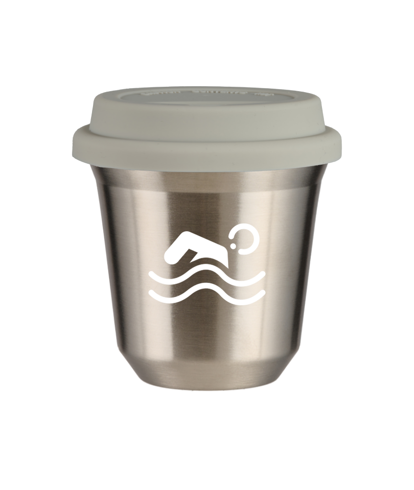 Tasse 150 ml ARGENT "Natation (blanc)", avec couvercle blanc