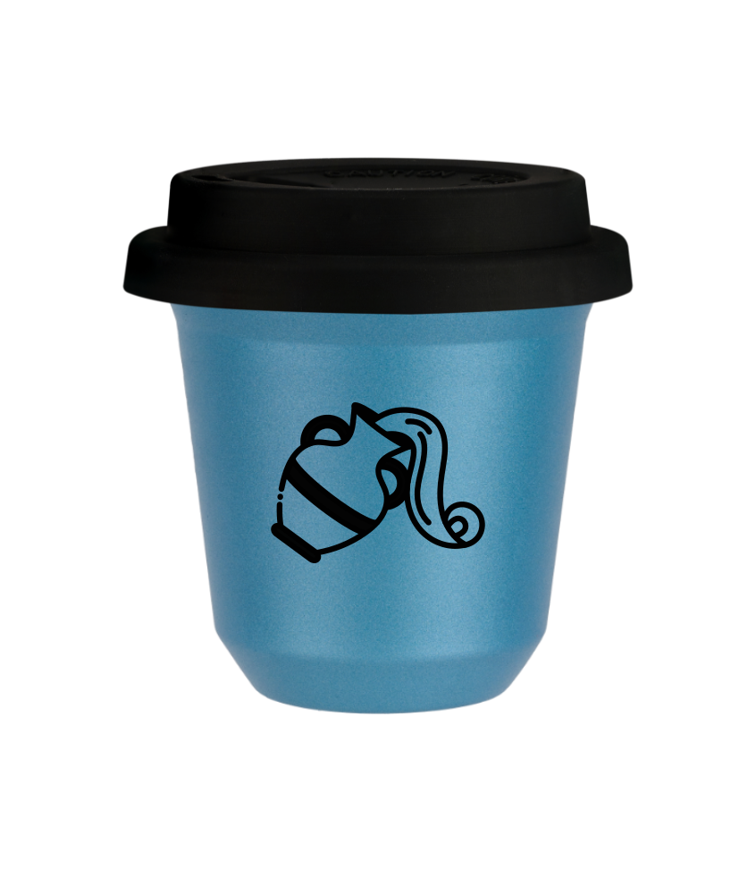 Tasse 150 ml BLEU CLAIR MÉTALLIQUE "Verseau", avec couvercle noir Tasse 150 ml BLEU CLAIR MÉTALLIQUE "Verseau", avec couvercle noir