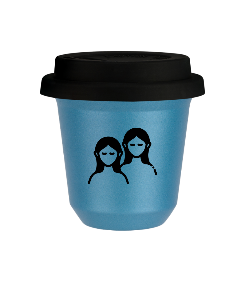 Tasse 150 ml BLEU CLAIR MÉTALLIQUE "Gémeaux (noir)", avec couvercle noir Tasse 150 ml BLEU CLAIR MÉTALLIQUE "Gémeaux (noir)", avec couvercle noir