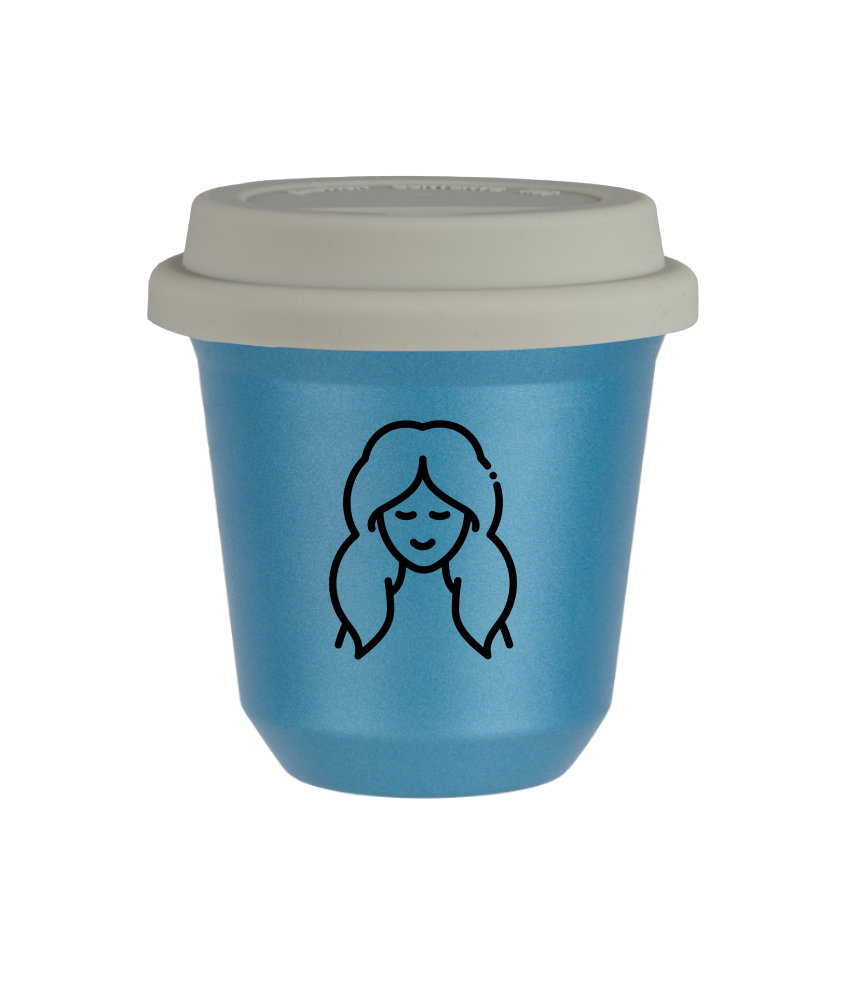 Tasse 150 ml BLEU CLAIR MÉTALLIQUE "Vierge (noir)", avec couvercle blanc Tasse 150 ml BLEU CLAIR MÉTALLIQUE "Vierge (noir)", avec couvercle blanc