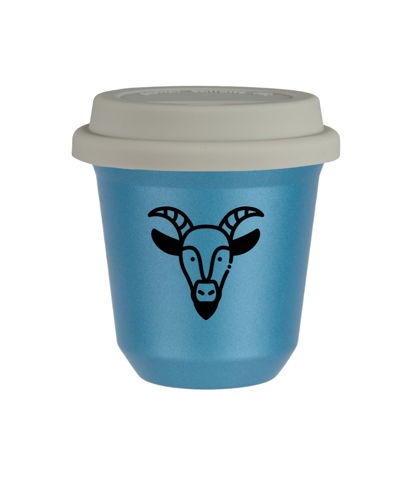 Tasse 150 ml BLEU CLAIR MÉTALLIQUE "Capricorne (noir)", avec couvercle blanc Tasse 150 ml BLEU CLAIR MÉTALLIQUE "Capricorne (noir)", avec couvercle blanc