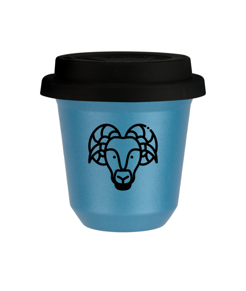 Tasse 150 ml BLEU CLAIR MÉTALLIQUE "Bélier", avec couvercle noir
