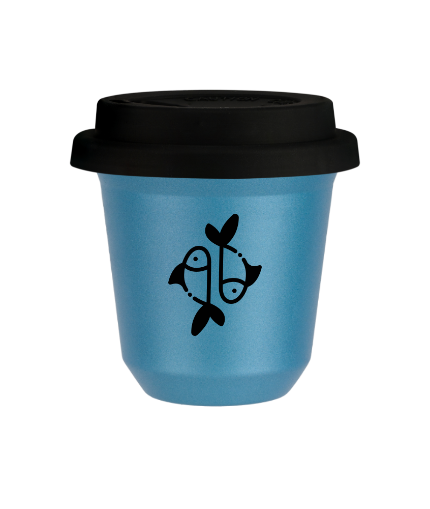 Tasse 150 ml BLEU CLAIR MÉTALLIQUE "Poissons", avec couvercle noir