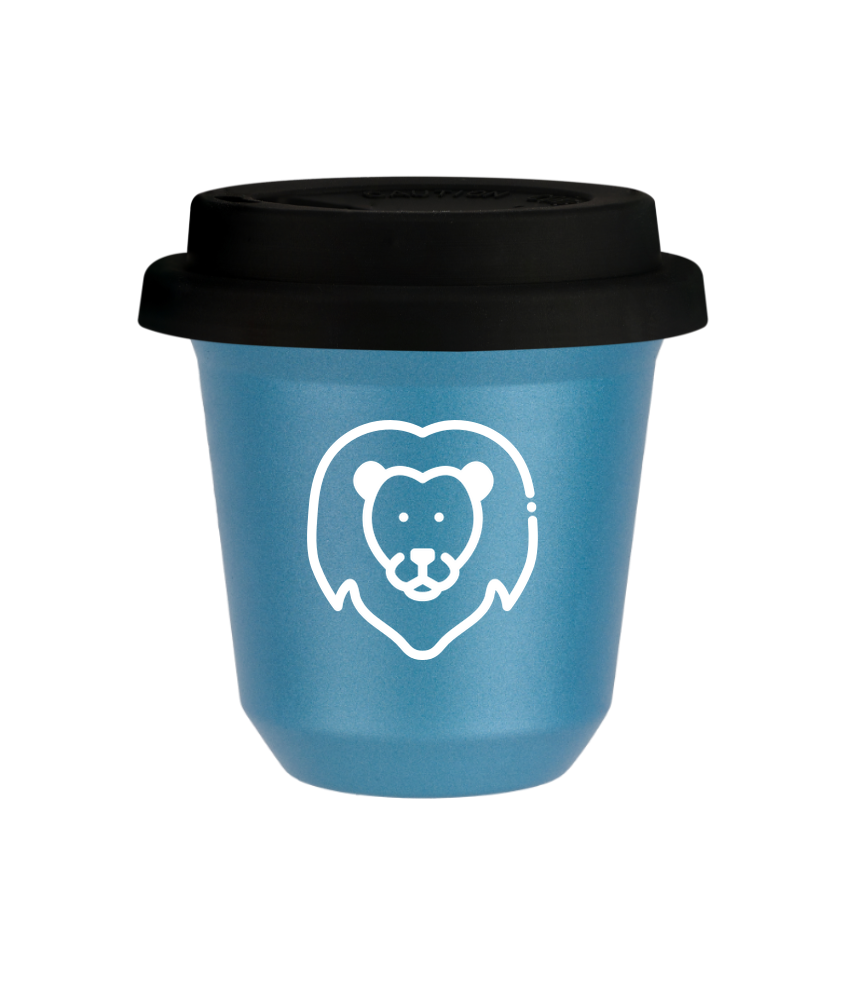 Tasse 150 ml BLEU CLAIR MÉTALLIQUE "Lion (blanc)", avec couvercle noir Tasse 150 ml BLEU CLAIR MÉTALLIQUE "Lion (blanc)", avec couvercle noir
