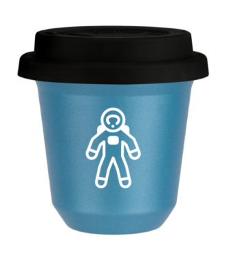 Tasse 150 ml BLEU CLAIR MÉTALLIQUE "Astronaute (blanc)", avec couvercle noir Tasse 150 ml BLEU CLAIR MÉTALLIQUE "Astronaute (blanc)", avec couvercle noir