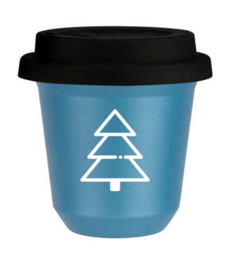 Tasse 150 ml BLEU CLAIR MÉTALLIQUE "Sapin de Noël (blanc)", avec couvercle noir Tasse 150 ml BLEU CLAIR MÉTALLIQUE "Sapin de Noël (blanc)", avec couvercle noir