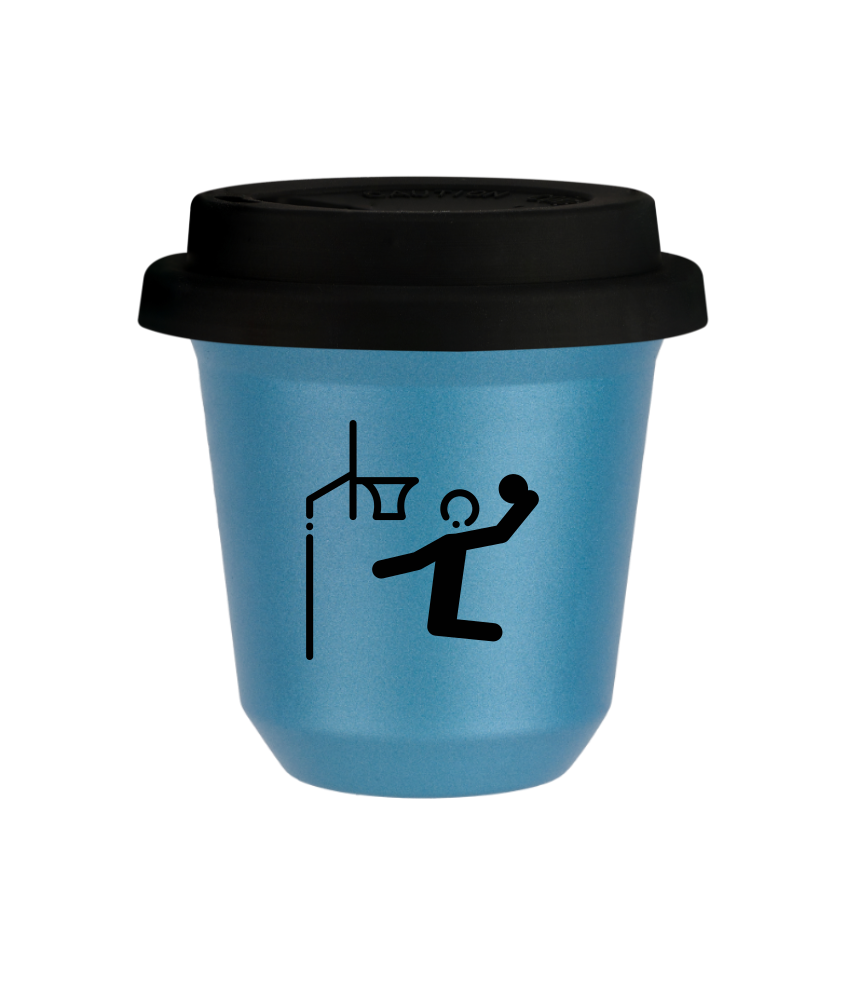 Tasse 150 ml BLEU CLAIR MÉTALLIQUE "Basket-ball", avec couvercle noir Tasse 150 ml BLEU CLAIR MÉTALLIQUE "Basket-ball", avec couvercle noir