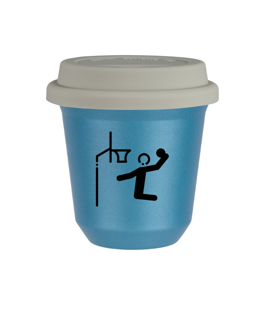 Tasse 150 ml BLEU CLAIR MÉTALLIQUE "Basket-ball (noir)", avec couvercle blanc Tasse 150 ml BLEU CLAIR MÉTALLIQUE "Basket-ball (noir)", avec couvercle blanc