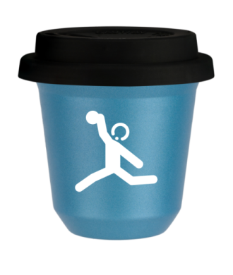 Tasse 150 ml BLEU CLAIR MÉTALLIQUE "Lancer du disque (blanc)", avec couvercle noir Tasse 150 ml BLEU CLAIR MÉTALLIQUE "Lancer du disque (blanc)", avec couvercle noir