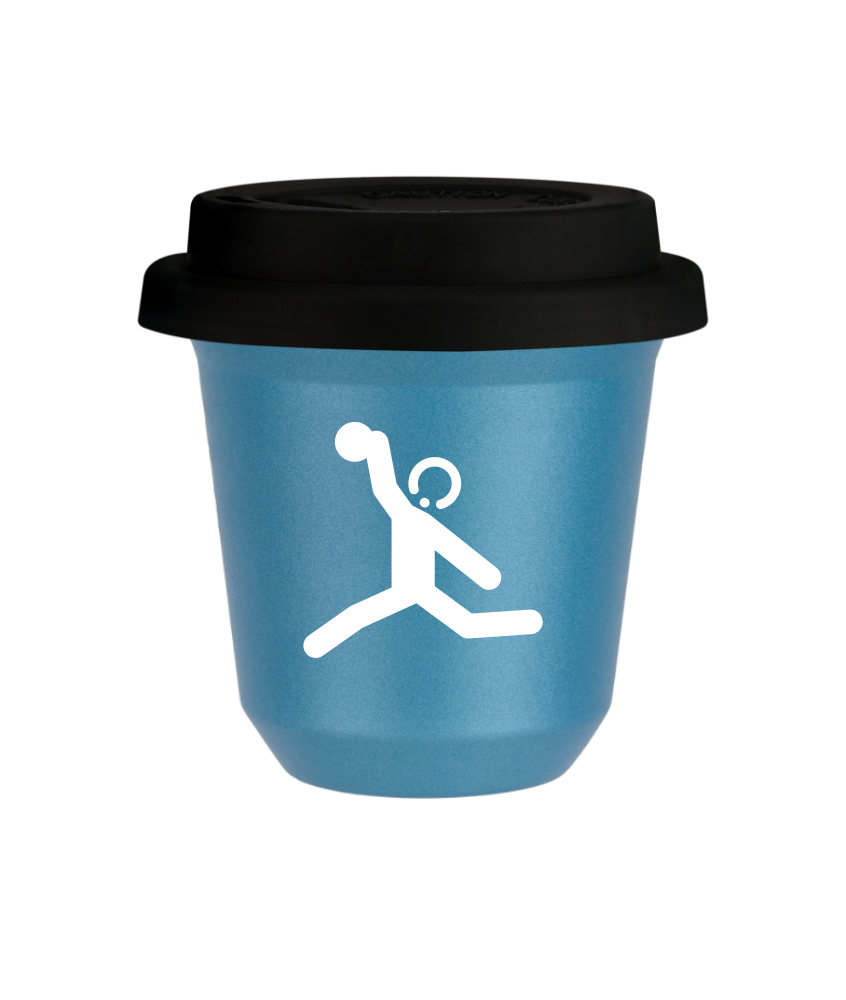 Tasse 150 ml BLEU CLAIR MÉTALLIQUE "Lancer du disque (blanc)", avec couvercle noir Tasse 150 ml BLEU CLAIR MÉTALLIQUE "Lancer du disque (blanc)", avec couvercle noir