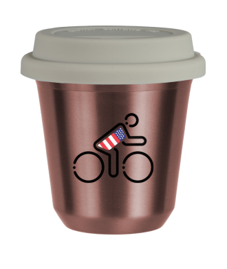 Tasse 80 ml OR ROSE "Cycliste aux couleurs britanniques (noir)", avec couvercle blanc Tasse 80 ml OR ROSE "Cycliste aux couleurs britanniques (noir)", avec couvercle blanc