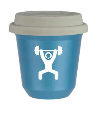 Tasse 150 ml BLEU CLAIR MÉTALLIQUE "Homme fort 1 (blanc)", avec couvercle blanc Tasse 150 ml BLEU CLAIR MÉTALLIQUE "Homme fort 1 (blanc)", avec couvercle blanc