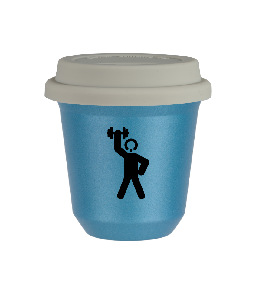 Tasse 150 ml BLEU CLAIR MÉTALLIQUE "Homme fort 2", avec couvercle blanc Tasse 150 ml BLEU CLAIR MÉTALLIQUE "Homme fort 2", avec couvercle blanc