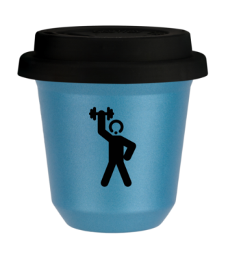Tasse 150 ml BLEU CLAIR MÉTALLIQUE "Homme fort 2 (noir)", avec couvercle noir Tasse 150 ml BLEU CLAIR MÉTALLIQUE "Homme fort 2 (noir)", avec couvercle noir