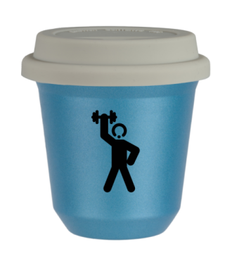 Tasse 150 ml BLEU CLAIR MÉTALLIQUE "Homme fort 2 (noir)", avec couvercle blanc Tasse 150 ml BLEU CLAIR MÉTALLIQUE "Homme fort 2 (noir)", avec couvercle blanc