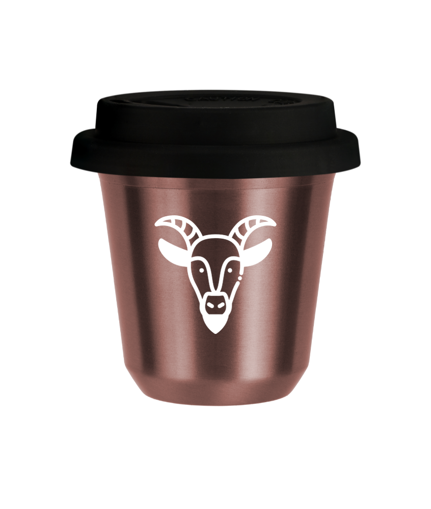 Tasse 150 ml OR ROSE "Capricorne (blanc)", avec couvercle noir Tasse 150 ml OR ROSE "Capricorne (blanc)", avec couvercle noir