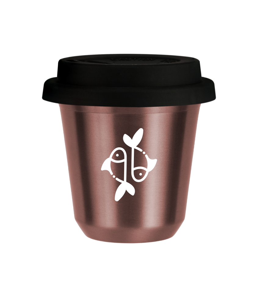 Tasse 150 ml OR ROSE "Poissons (blanc)", avec couvercle noir