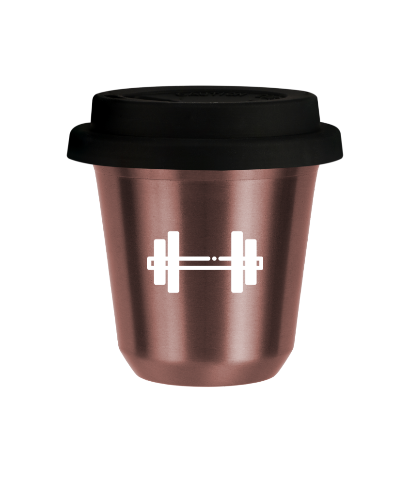 Tasse 150 ml OR ROSE "Haltère (blanc)", avec couvercle noir Tasse 150 ml OR ROSE "Haltère (blanc)", avec couvercle noir