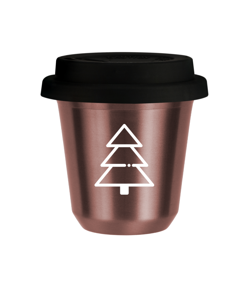 Tasse 150 ml OR ROSE "Sapin de Noël (blanc)", avec couvercle noir Tasse 150 ml OR ROSE "Sapin de Noël (blanc)", avec couvercle noir
