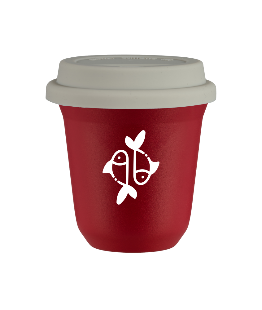 Tasse 150 ml ROUGE "Poissons (blanc)", avec couvercle blanc Tasse 150 ml ROUGE "Poissons (blanc)", avec couvercle blanc