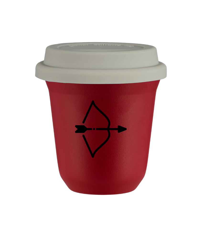 Tasse 150 ml ROUGE "Sagittaire", avec couvercle blanc Tasse 150 ml ROUGE "Sagittaire", avec couvercle blanc