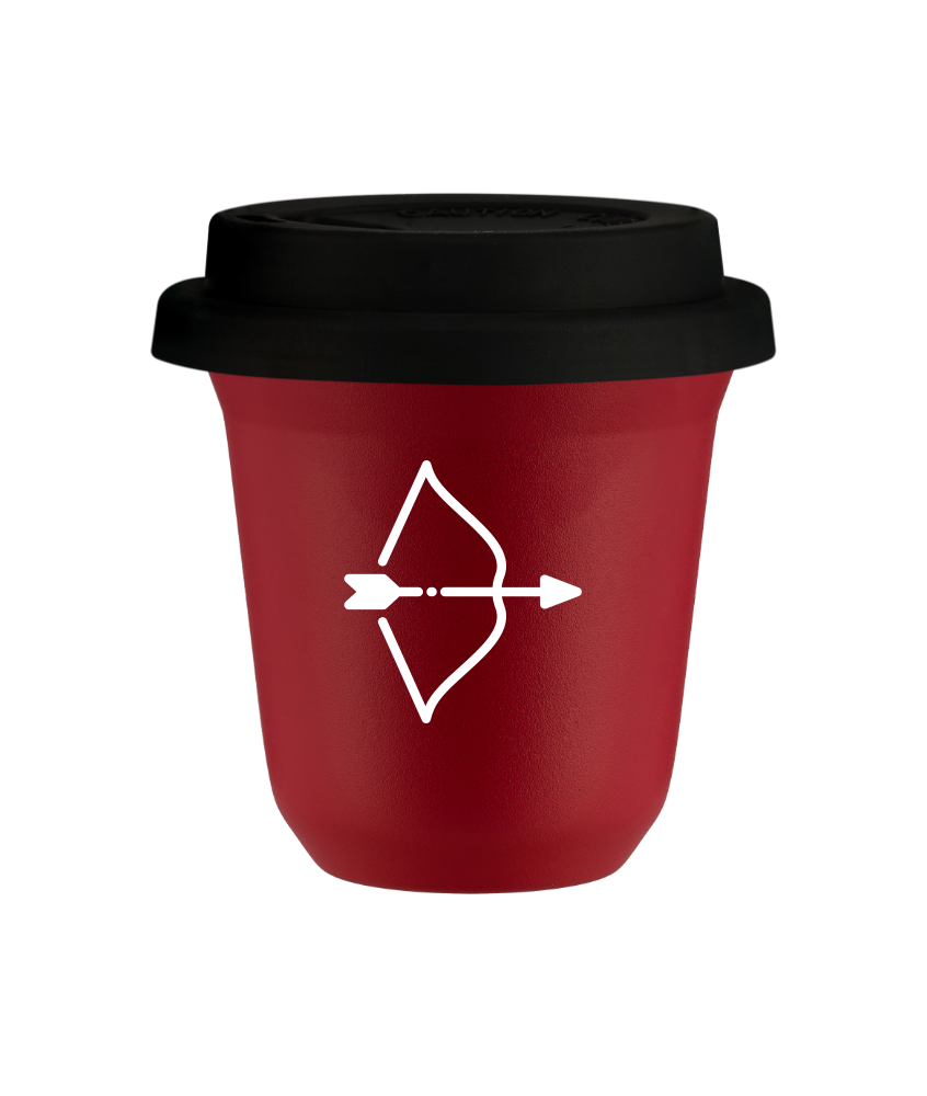 Tasse 150 ml ROUGE "Sagittaire (blanc)", avec couvercle noir