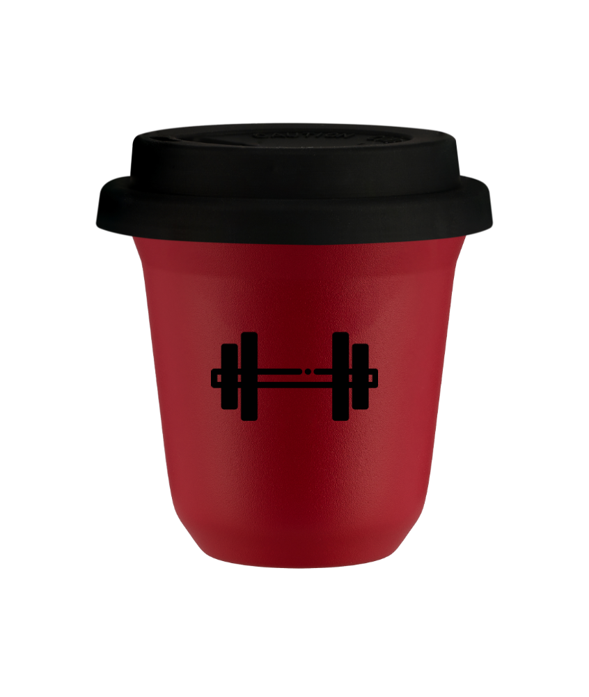 Tasse 150 ml ROUGE "Haltère (noir)", avec couvercle noir Tasse 150 ml ROUGE "Haltère (noir)", avec couvercle noir