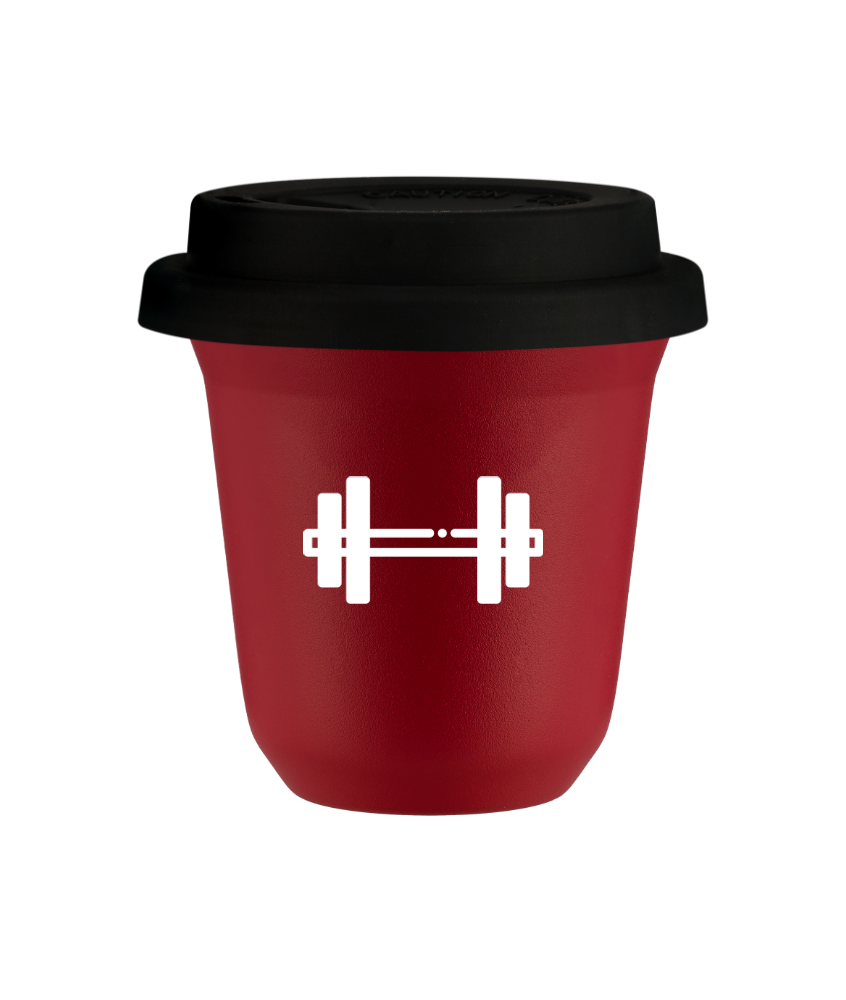 Tasse 150 ml ROUGE "Haltère (blanc)", avec couvercle noir Tasse 150 ml ROUGE "Haltère (blanc)", avec couvercle noir