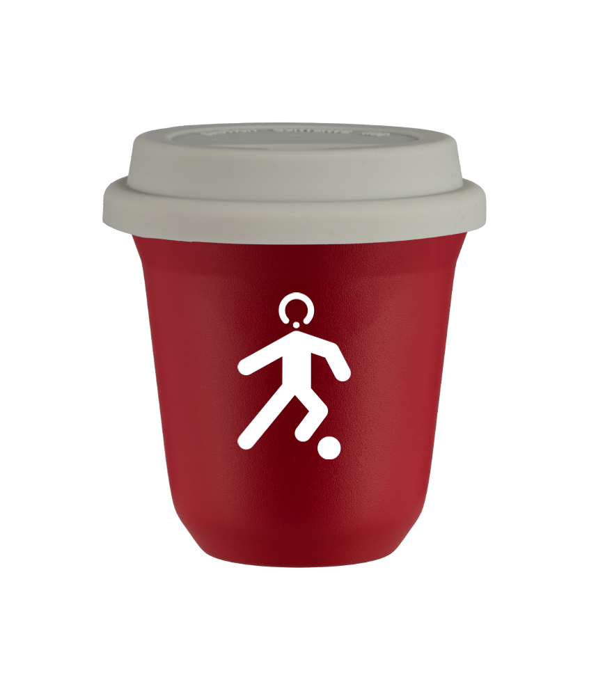 Tasse 150 ml ROUGE "Football (blanc)", avec couvercle blanc Tasse 150 ml ROUGE "Football (blanc)", avec couvercle blanc