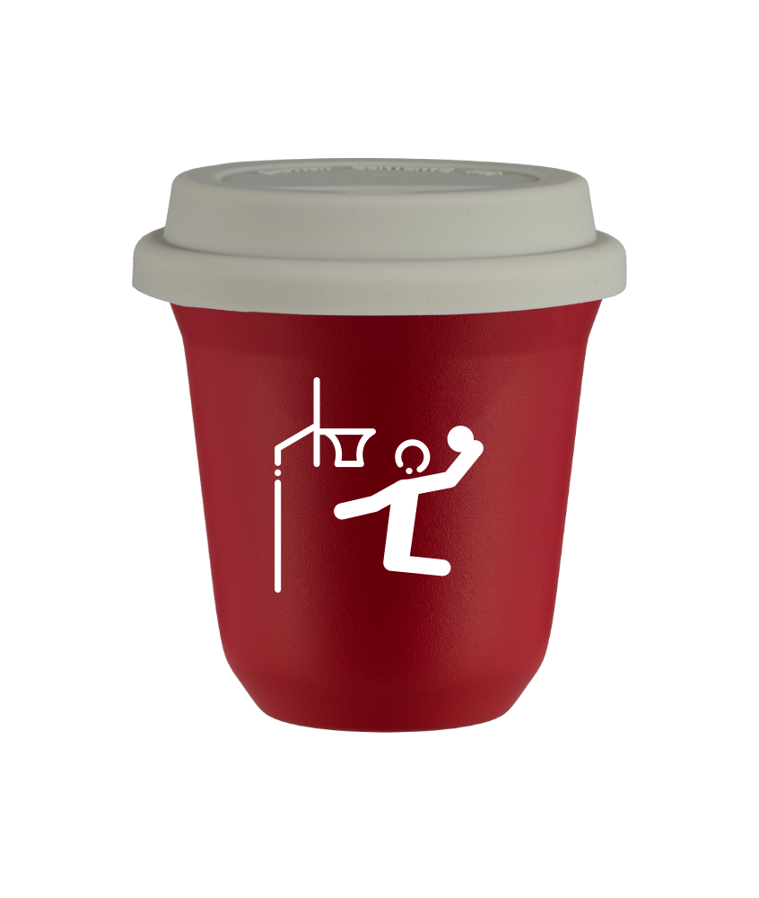 Tasse 150 ml ROUGE "Basket-ball (blanc)", avec couvercle blanc