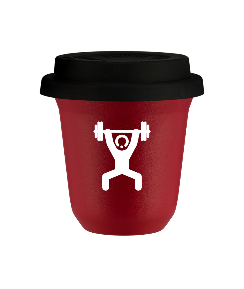Tasse 150 ml ROUGE "Homme fort 1 (blanc)", avec couvercle noir Tasse 150 ml ROUGE "Homme fort 1 (blanc)", avec couvercle noir
