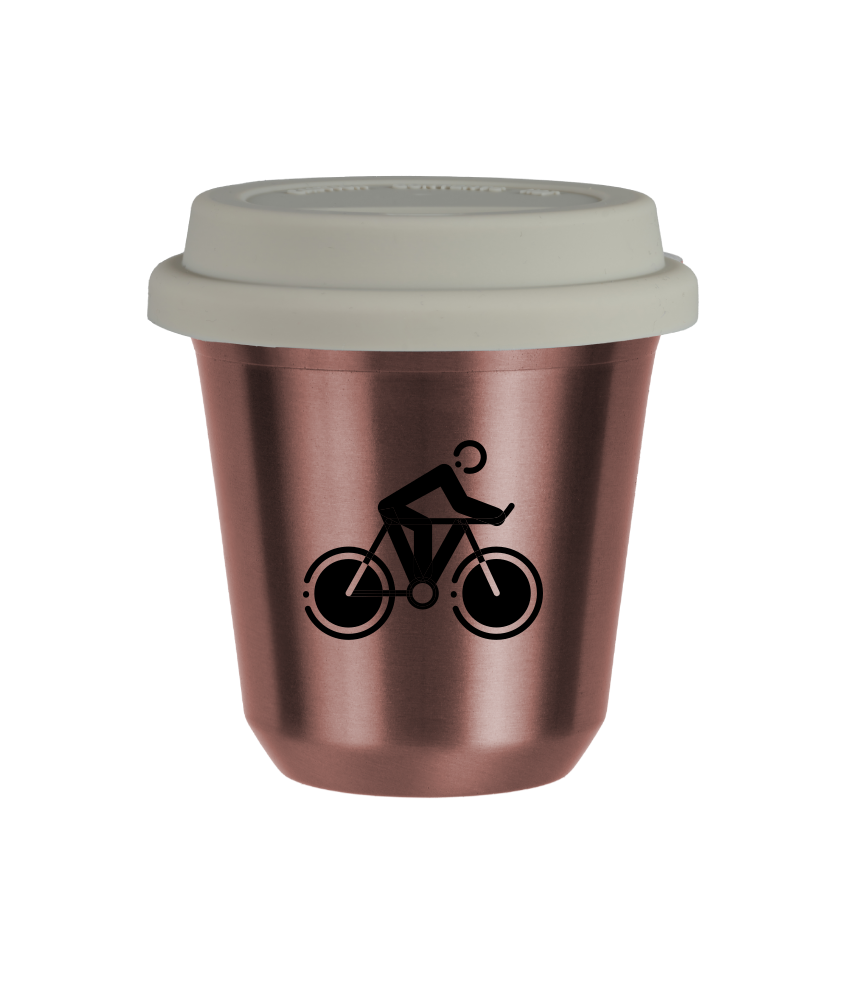 Tasse 80 ml OR ROSE "Cyclisme 2", avec couvercle blanc