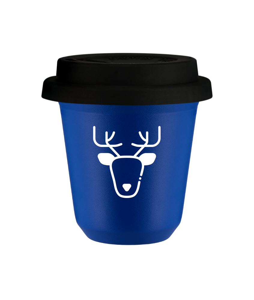 Tasse 150 ml BLEU "Renne (blanc)", avec couvercle noir Tasse 150 ml BLEU "Renne (blanc)", avec couvercle noir