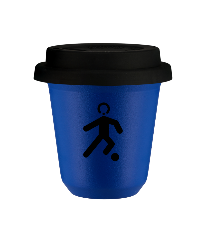 Tasse 150 ml BLEU "Football (noir)", avec couvercle noir