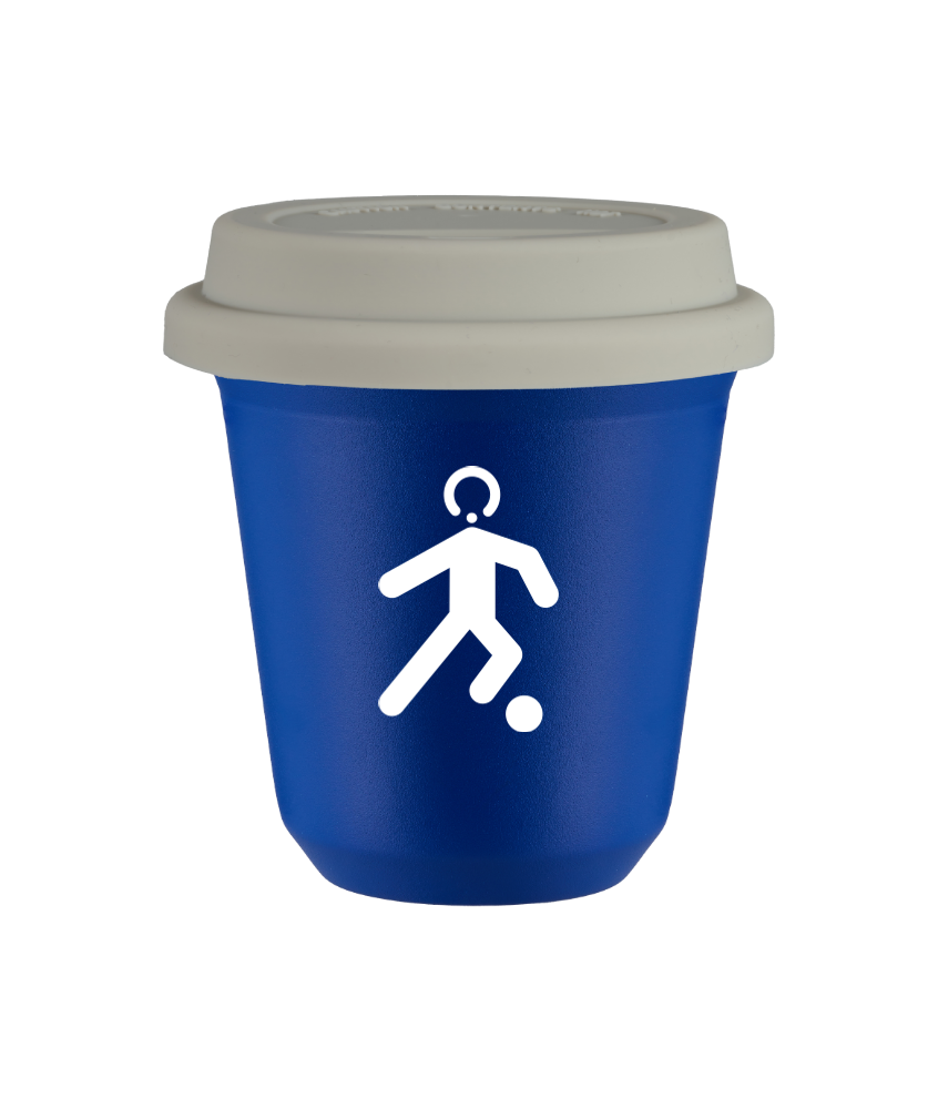 Tasse 150 ml BLEU "Football (blanc)", avec couvercle blanc Tasse 150 ml BLEU "Football (blanc)", avec couvercle blanc