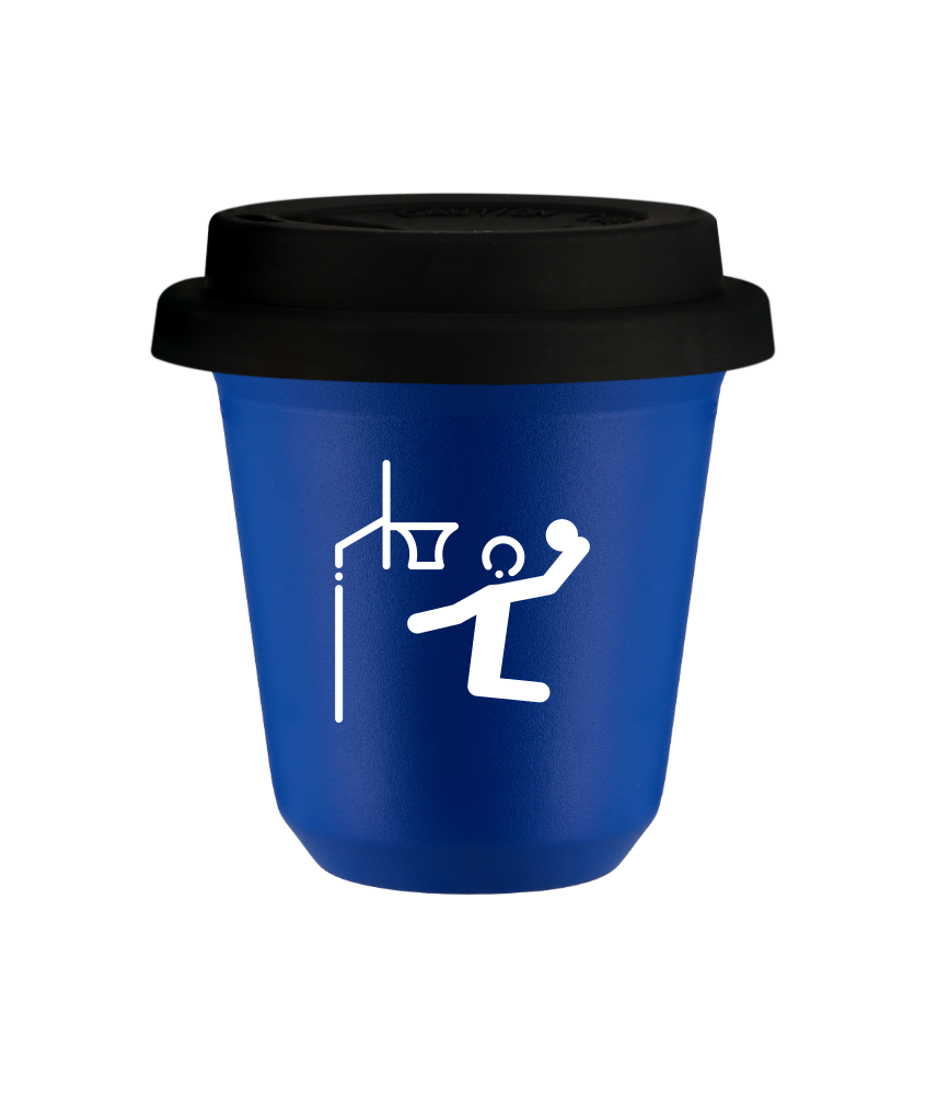 Tasse 150 ml BLEU "Basket-ball (blanc)", avec couvercle noir Tasse 150 ml BLEU "Basket-ball (blanc)", avec couvercle noir