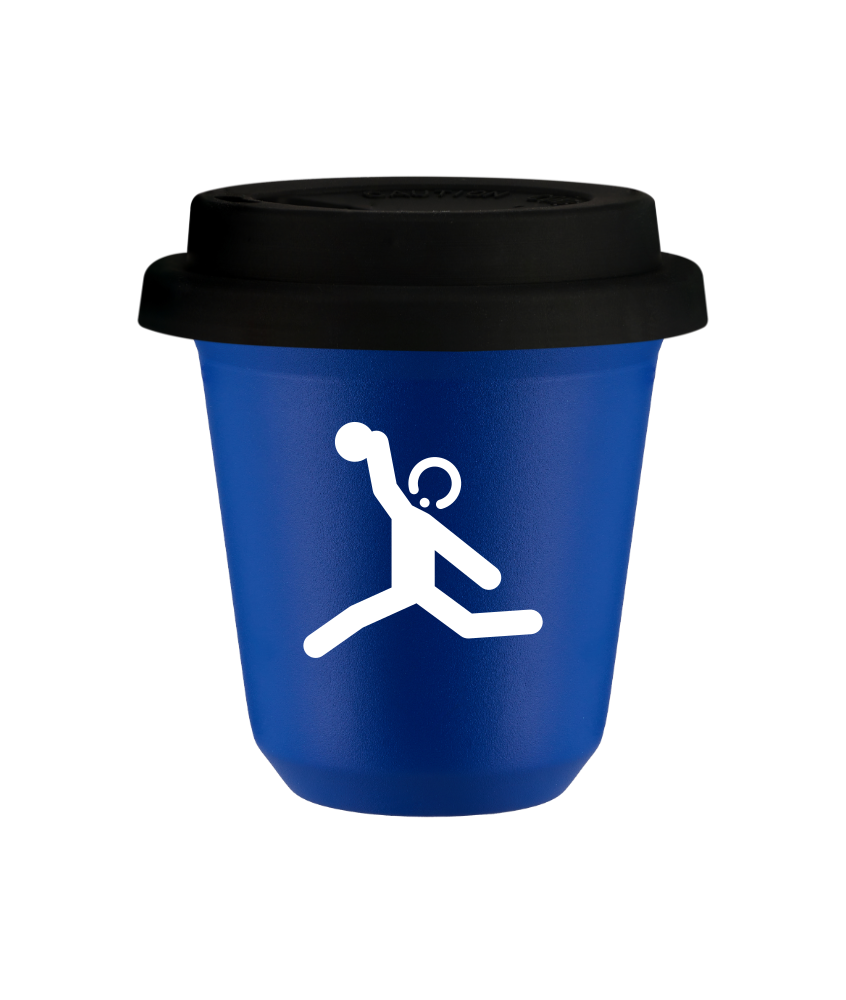 Tasse 150 ml BLEU "Lancer du disque (blanc)", avec couvercle noir Tasse 150 ml BLEU "Lancer du disque (blanc)", avec couvercle noir