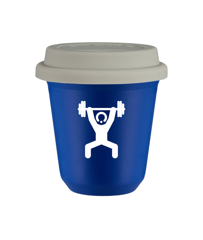 Tasse 150 ml BLEU "Homme fort 1 (blanc)", avec couvercle blanc Tasse 150 ml BLEU "Homme fort 1 (blanc)", avec couvercle blanc